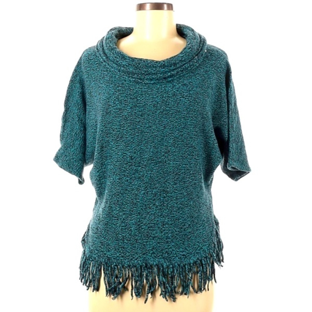 NY Collection Cowl neck fringe hem women’s Pullover sweater Small teal knit top